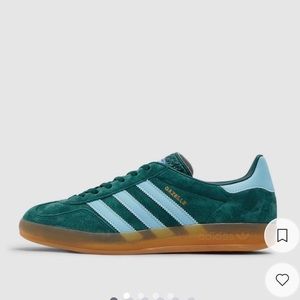 Adidas Gazelles (dark green and light blue stripe). Brand new with tags and box